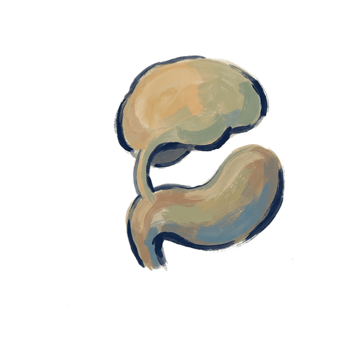 Pictogram of two connected forms representing the gut-brain axis.